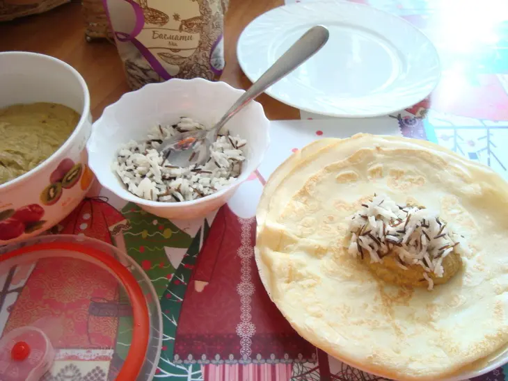 Блинные мешочки с начинкой из риса басмати mix, печенью кролика и тыквой: шаг 9
