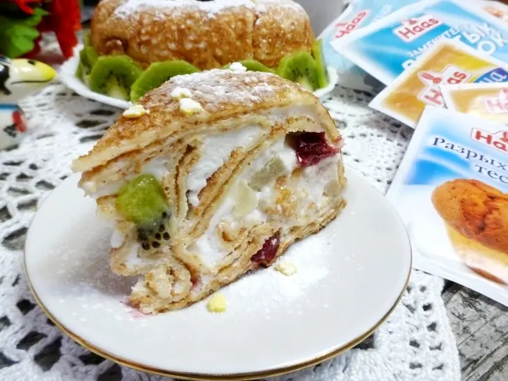 Блинный торт с кокосово-сливочным желе и фруктами #масленица: шаг 15