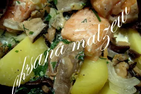 Картошка  запечёная в горшочках с рыбой и грибами: шаг 5