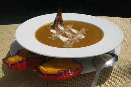 Фото к рецепту: Крем суп  удачный -  (овощной  суп из баклажан и сладкого перца)