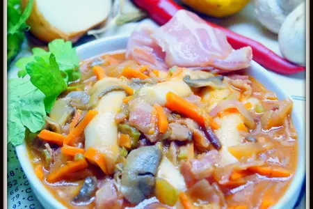 Ттокпокки. рисовые брусочки с мясом, овощами и грибами.