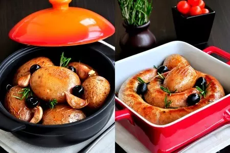 Запеченная сальсичча с розовым картофелем, розмарином и чесноком