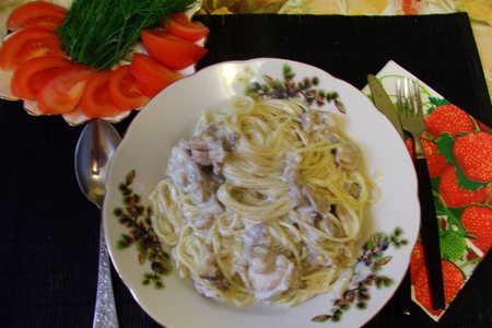 Фото к рецепту: Спагетти с курицей и грибами в сливочном соусе