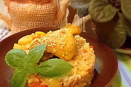 Орзотто с запеченным цыпленком.