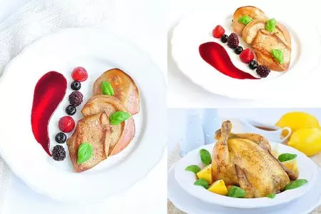 Цыпленок coquelet фаршированный чоризо, фасолью и каперсами, и фуа гра с ягодным соусом