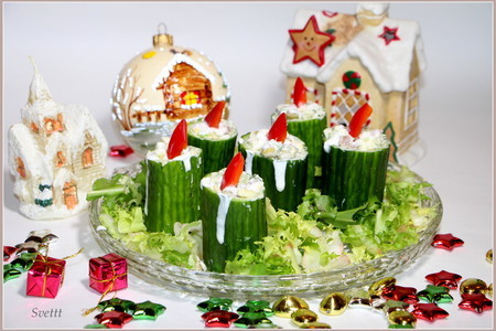 Фото к рецепту: Салат мясной "новогодние игрушки, свечи и хлопушки...."