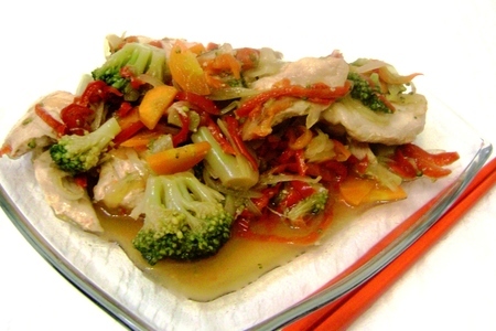 Фото к рецепту: Куриная грудка с брокколи и овощами или моментальный ужин.