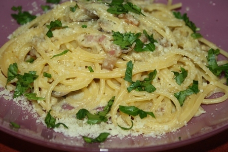 Спагетти аля карбонара с шампиньонами