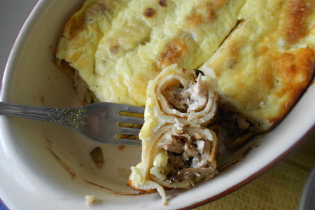 Запеченные блины с курицей и шампиньонами