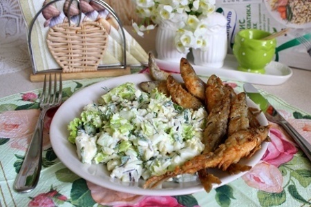 Весенний салат с рисом "актавика  mix" и жареная корюшка