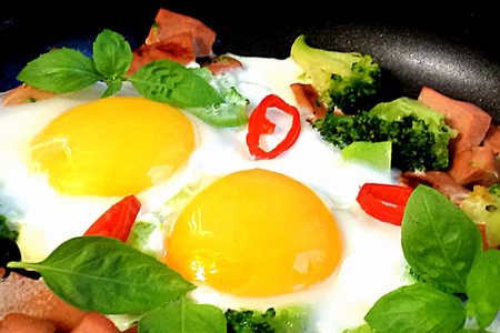 Яичница "солнечный завтрак с "окраиной"  (с колбасой, брокколи, острым перцем и базиликом)! тест-драйв с окраиной.