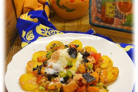 Фото к рецепту: Теплый овощной салат с томатно-сливочной заправкой 