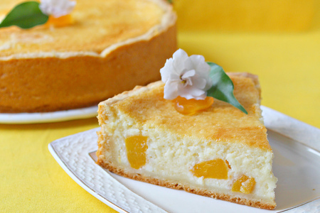Фото к рецепту: Нежнейший творожный пирог с персиками "светланка" 