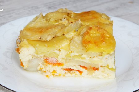 Фото к рецепту: Запеканка с рыбой, картофелем в яичной заливке