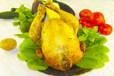 Фото к рецепту: Курица на банке - проще не бывает!!! мясо сочное, а корочка хрустящая!