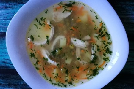 Фото к рецепту: Куриный суп с зеленым горошком