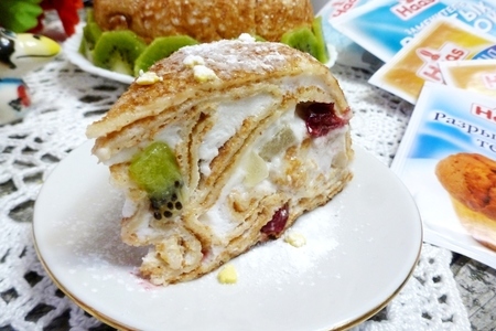 Блинный торт с кокосово-сливочным желе и фруктами #масленица