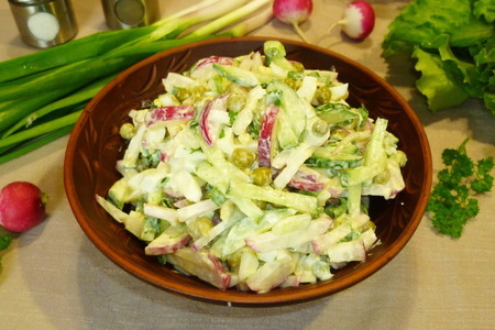 Фото к рецепту: Салат из редиски с горошком, яйцом и огурцом