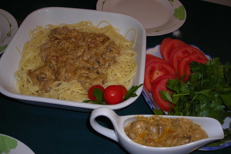 Фото к рецепту: Спагетти в соусе из шампиньонов