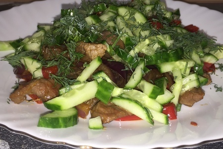 Фото к рецепту: Мясной горячий салат с огурцом и болгарским перцем