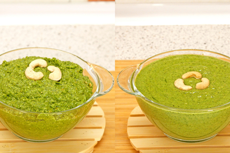 Фото к рецепту: Соус песто из зелёного лука и мяты, с орехами, пармезаном, чесноком и имбирём
