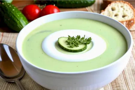 Холодный суп на кефире с огурцами и зеленью