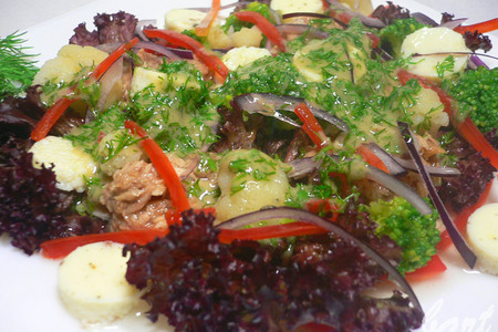 Фото к рецепту: Салат с тунцом, брокколи и омлетом.