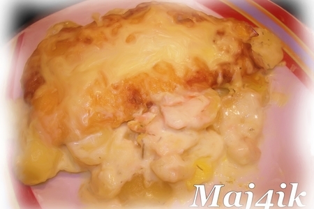 Фото к рецепту: Сливочно-картофельный гратен с лососем и другими вкусностями
