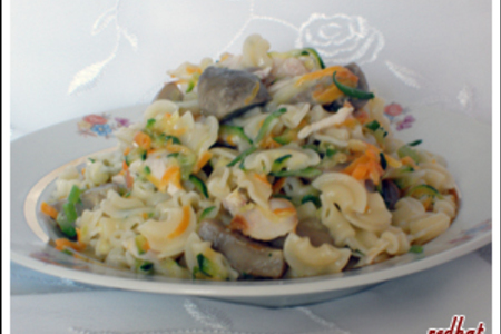 Фото к рецепту: Макароны с овощами и куриной грудкой
