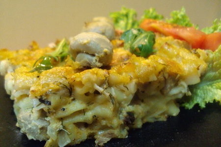 Фото к рецепту: Запеканка с пастой, грибами и мясом.