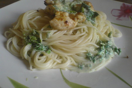 Фото к рецепту: Спагетти с курицей и соусом из базилика