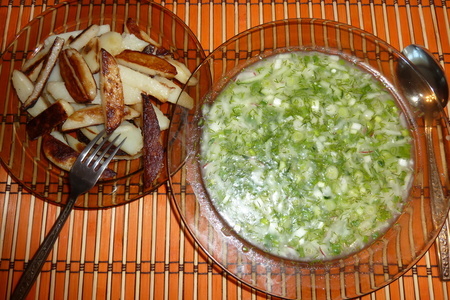 Фото к рецепту: Окрошка с жаренной картошкой по тамбовски