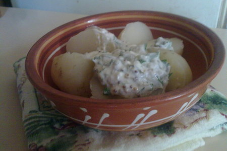 Фото к рецепту: Тёплая картофельная закуска с йогуртовым соусом